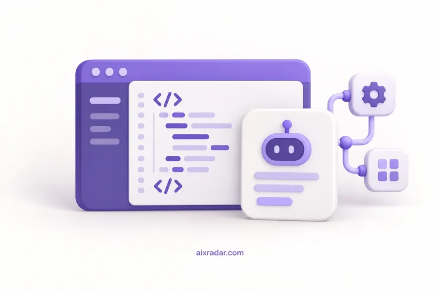 AI coding category illustration with a code editor, AI assistance tile and app connections.