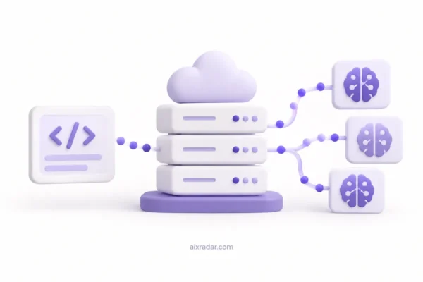Home AI inference providers category illustration showing server nodes, an API request and an abstract token stream.