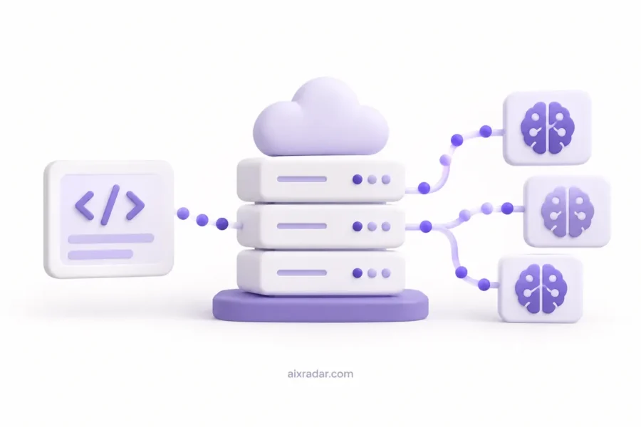 AI inference providers category illustration showing server nodes, an API request and an abstract token stream.