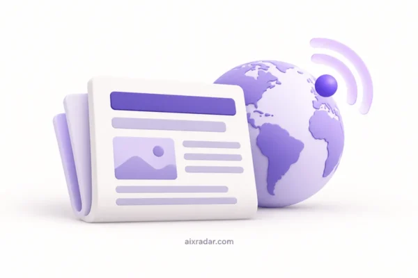 Home AI news category illustration with an editorial brief, globe and abstract signal highlight.