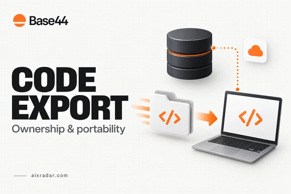 Home Base44 code-export illustration separating project files on a laptop from a connected cloud database.