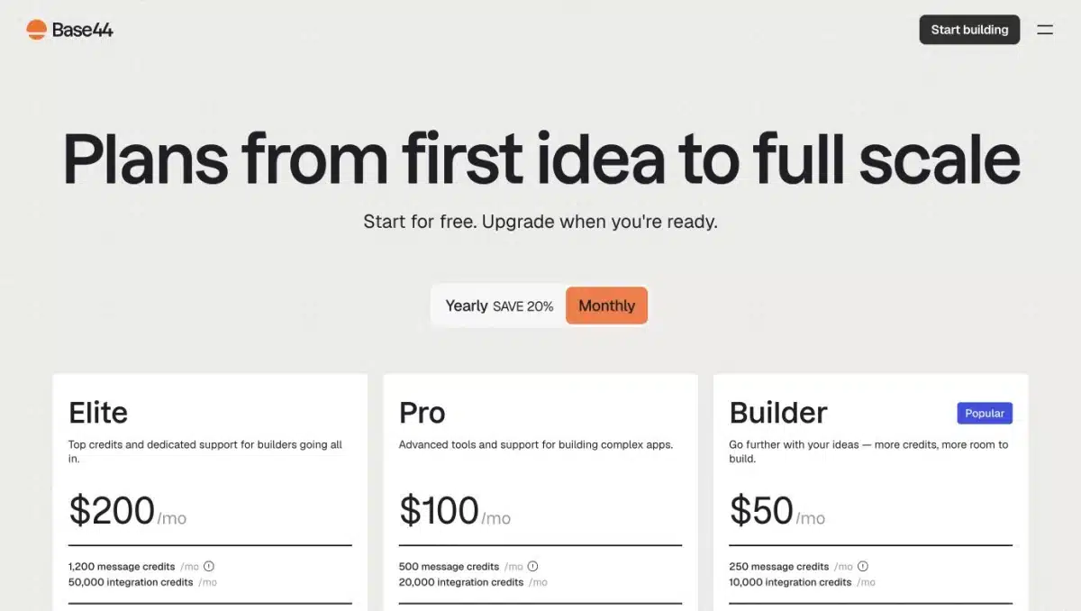 Base44 Pricing: Message Credits, Integrations and Running Costs Base44 pricing page with monthly billing selected