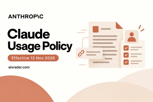 Claude usage policy editorial illustration with a document, source attribution and a human review checklist, effective 12 November 2026.