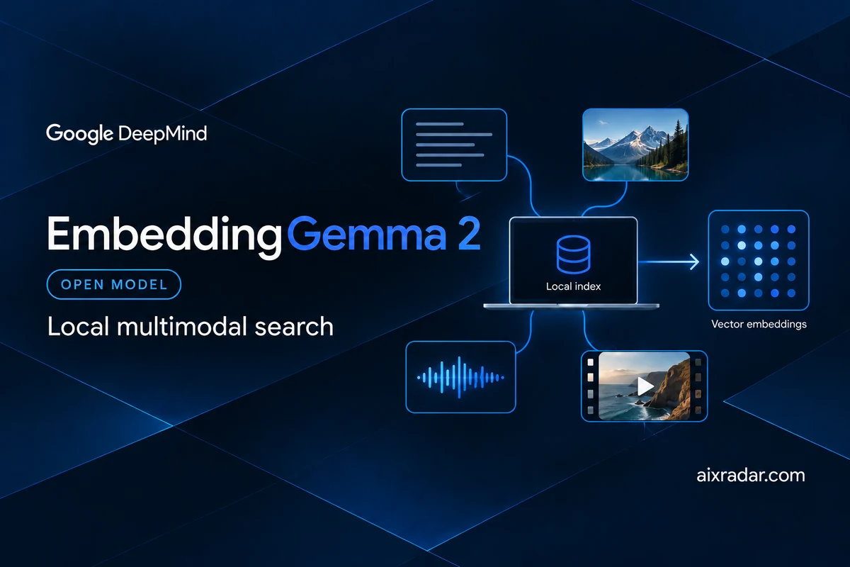 Google EmbeddingGemma 2 illustration showing text, images, audio and video connected to a local search index.