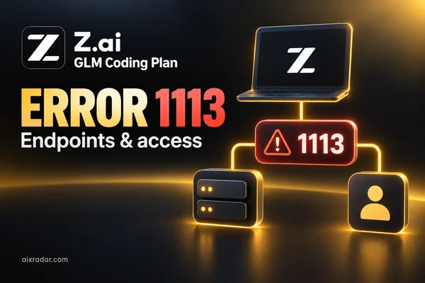 Home Z.ai GLM Coding Plan illustration showing error 1113, an endpoint and account-access checks.