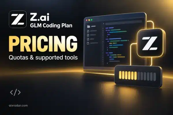 Z.ai and GLM Coding Plan branding with an illustrated code editor and credit-quota indicator.