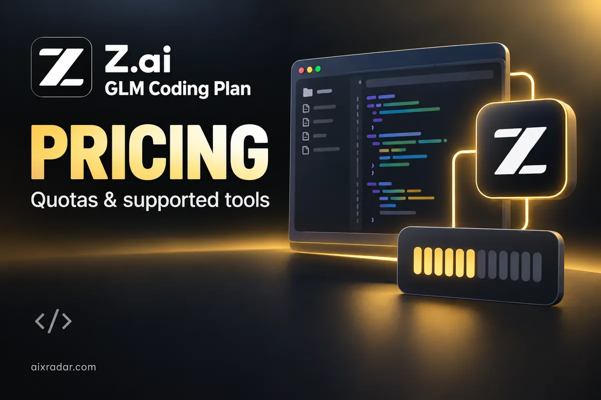 Z.ai and GLM Coding Plan branding with an illustrated code editor and credit-quota indicator.