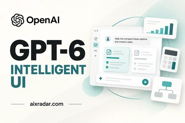 OpenAI GPT-6 and Intelligent UI, illustrated with visual comparison cards, a chart and interactive tools.