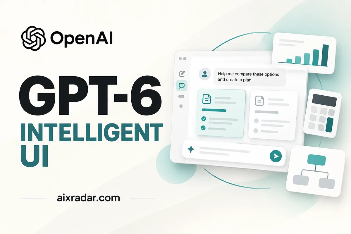OpenAI GPT-6 and Intelligent UI, illustrated with visual comparison cards, a chart and interactive tools.
