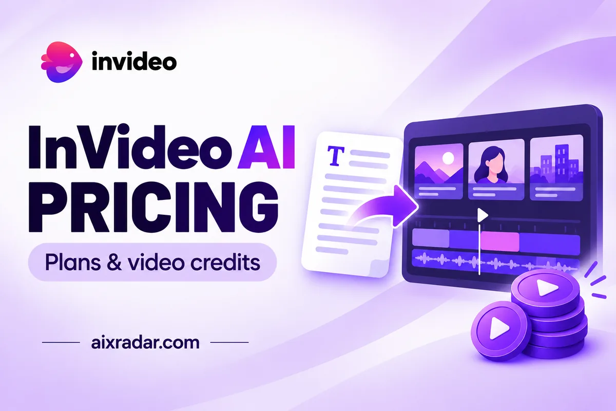 InVideo AI pricing illustration with the saved InVideo logo, a script-to-video timeline and generation-credit tokens.