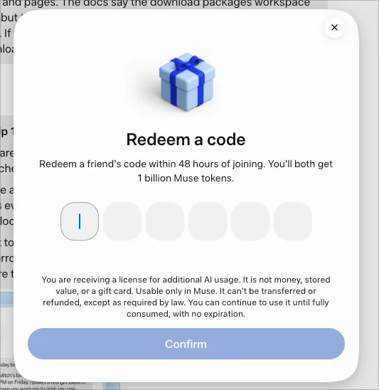 Muse AI Invite Codes: 1 Billion Tokens & Redemption Guide Muse Redeem a code dialog with six code fields, a 48-hour deadline and a one-billion-token reward