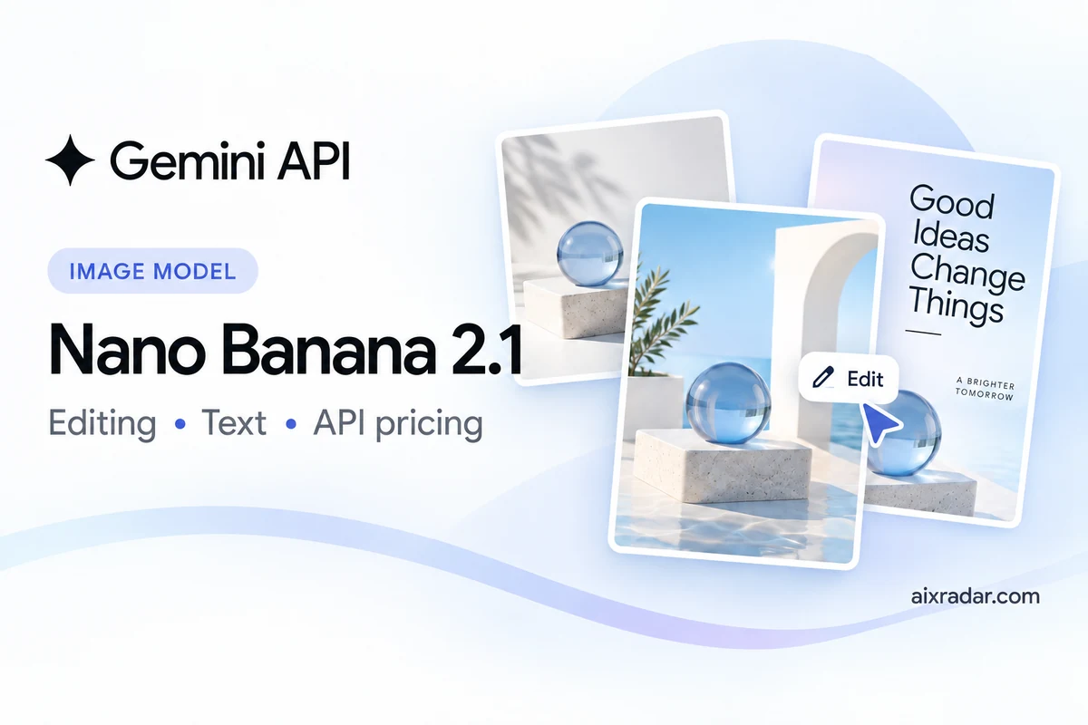 Gemini Nano Banana 2.1 editorial illustration of image editing, text layout and API pricing coverage.