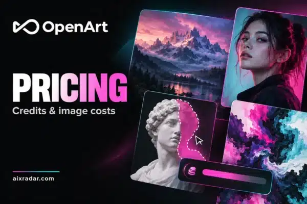 OpenArt logo with illustrated image generation, masked editing and credit costs.