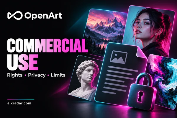 Home OpenArt commercial-use illustration with artwork, a document and a privacy lock.