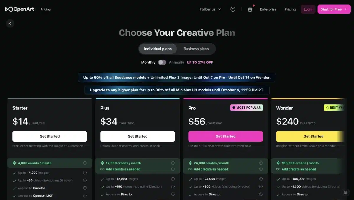 OpenArt AI Pricing: Credits, Plan Limits and Generation Costs OpenArt individual plans with monthly billing selected
