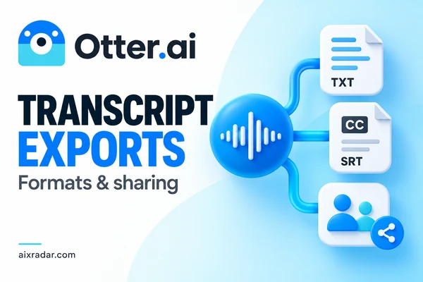 Home Otter-branded transcript-export illustration with audio, TXT, SRT and sharing symbols.
