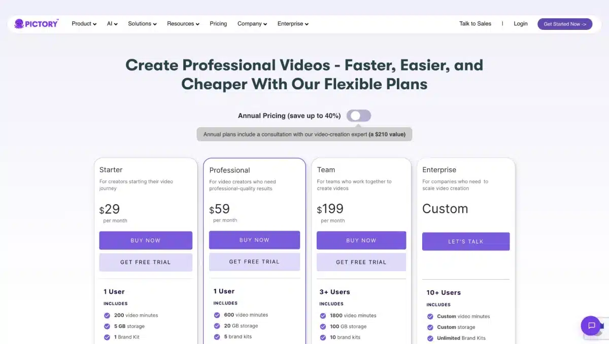 Pictory Pricing: Plans, Trial Limits and Video Costs Pictory pricing page with monthly billing selected
