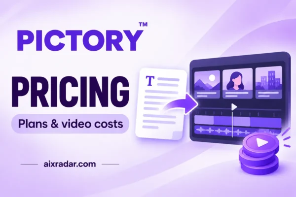 Pictory pricing illustration with the brand logo, video timeline and credit icons.