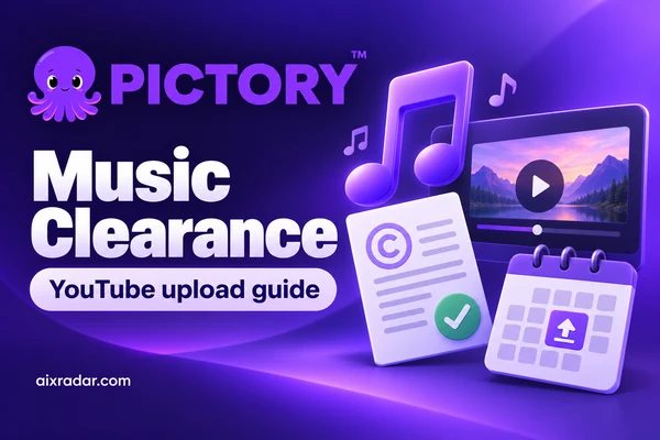 Pictory-branded music-clearance illustration with a video, music notes and upload calendar.