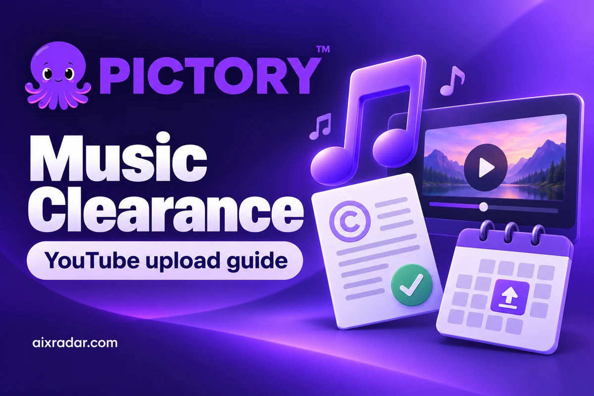 Pictory-branded music-clearance illustration with a video, music notes and upload calendar.