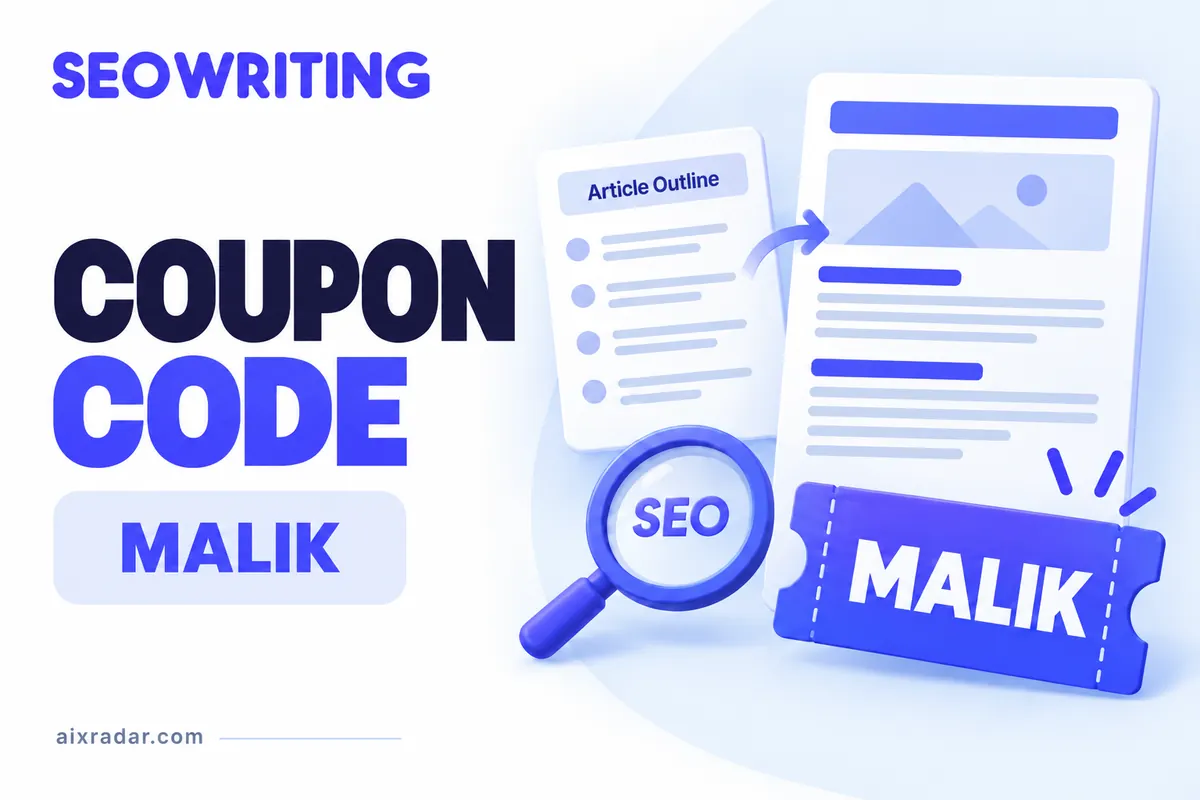 SEOWriting logo with a MALIK coupon ticket and article-outline illustration.