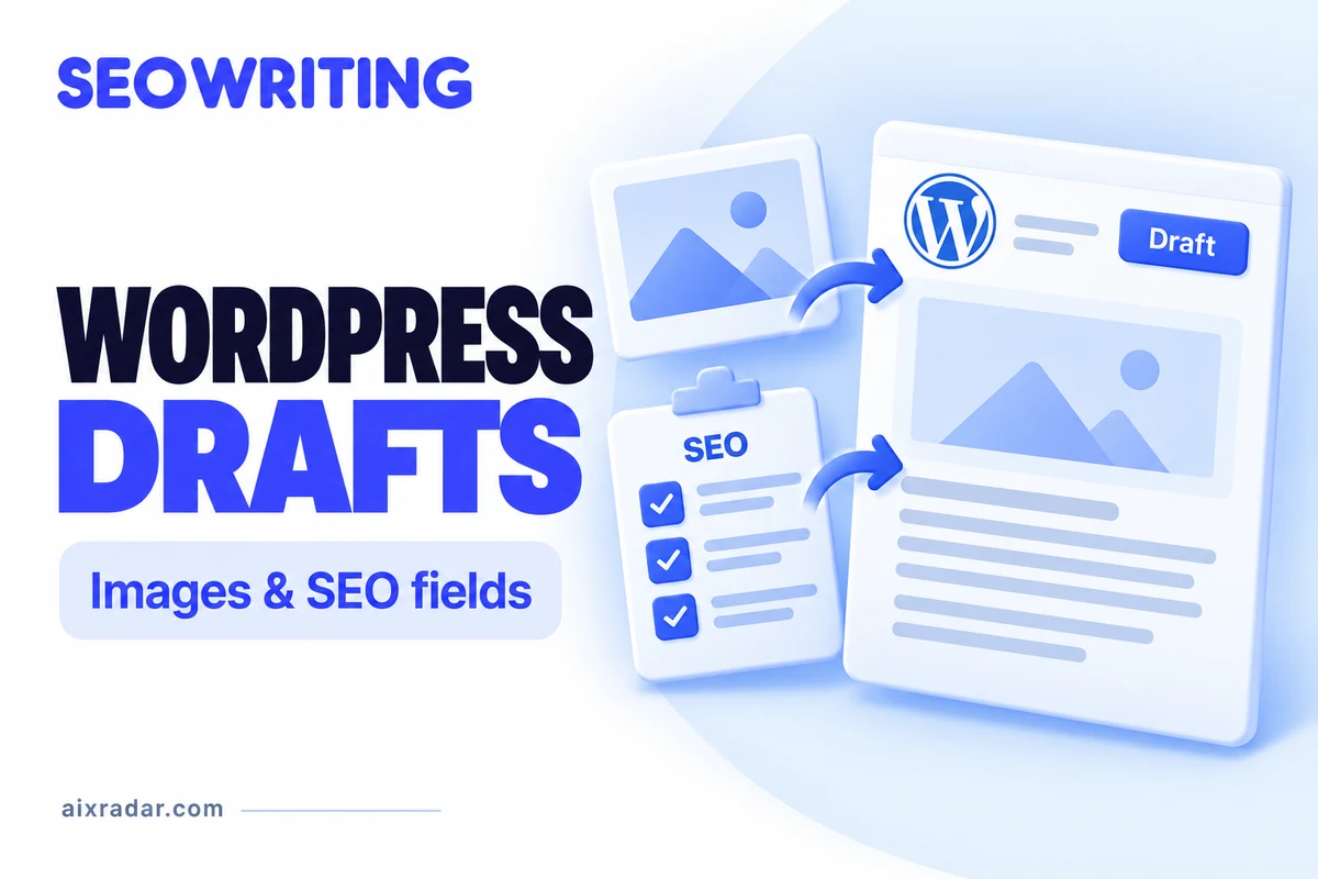 SEOWriting and WordPress draft-workflow illustration with image and SEO review controls.