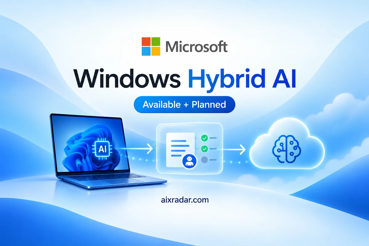 Microsoft Windows hybrid AI editorial illustration connecting a local laptop, controlled agent tasks and a cloud model.