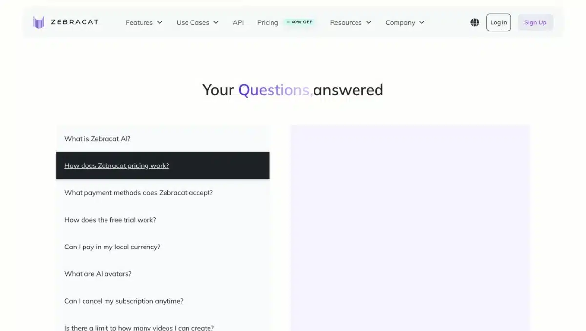 Zebracat Pricing: Plans, AI Credits and Free-Plan Limits Zebracat FAQ displaying older prices and annual savings