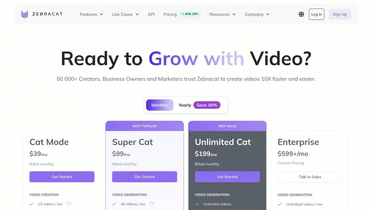 Zebracat Pricing: Plans, AI Credits and Free-Plan Limits Zebracat monthly pricing cards showing Cat Mode Super Cat and Unlimited Cat