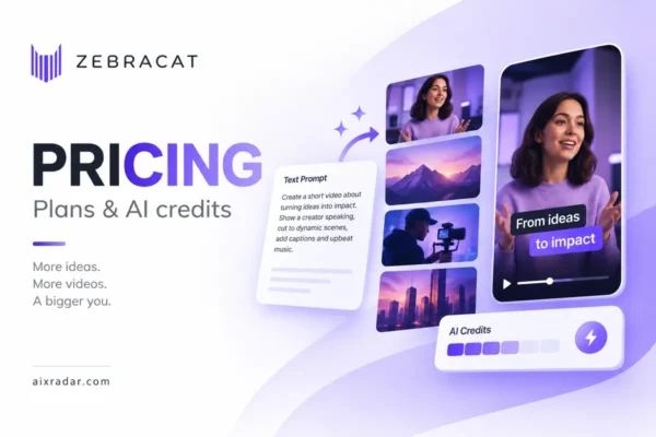 Zebracat pricing illustration with its logo, prompt-to-video panels and AI credits.