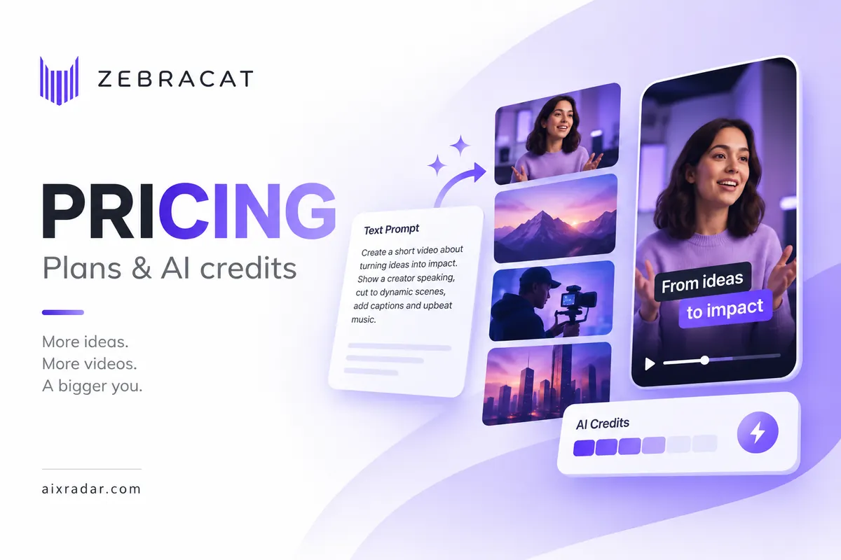 Zebracat pricing illustration with its logo, prompt-to-video panels and AI credits.