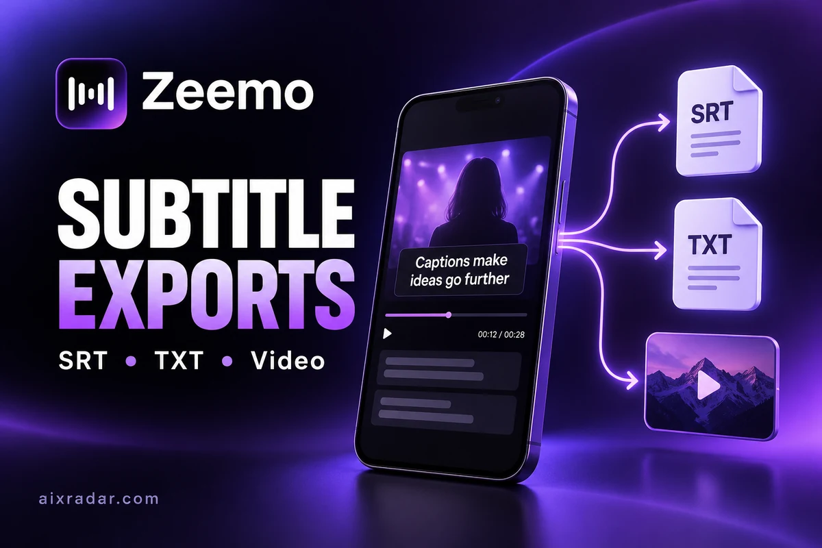 Zeemo-branded subtitle-export illustration showing SRT, TXT and captioned-video outputs.